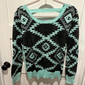 Daytrip Black and Green Crew Neck Sweater with Geometric Design